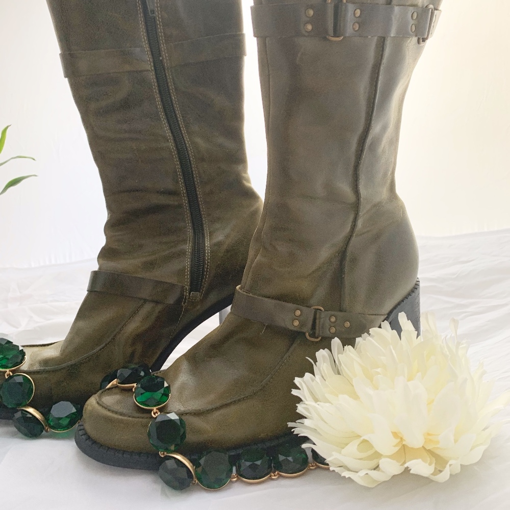 CLARK'S INDIGO ARMY GREEN Leather Mid-Calf Boots